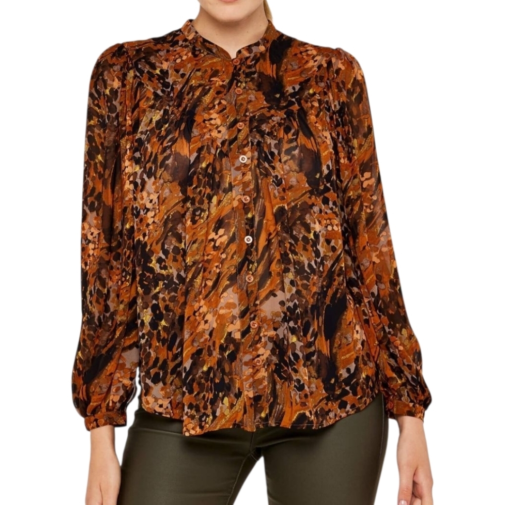 Apricot Abstract Chiffon Peasant Blouse Balloon Sleeve Sheer Boho Top Sz 8 Artsy